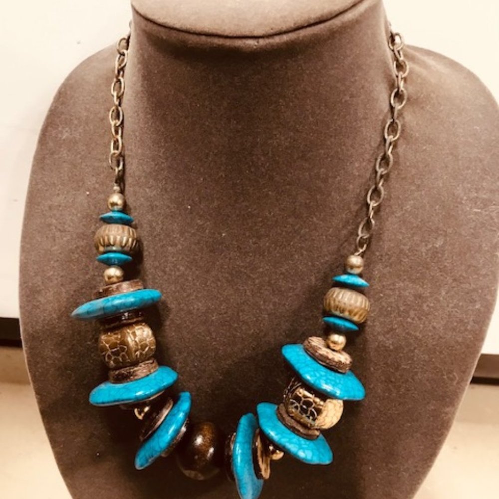 Turquoise Abacus Gemstone Necklace with Gold and Wood like spacers